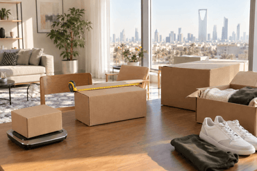 Riyadh parcels on a packing table Riyadh parcels on a packing table