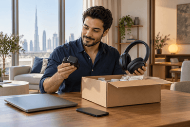 Shopper inspecting headphones and a laptop accessory beside a plain parcel at home.